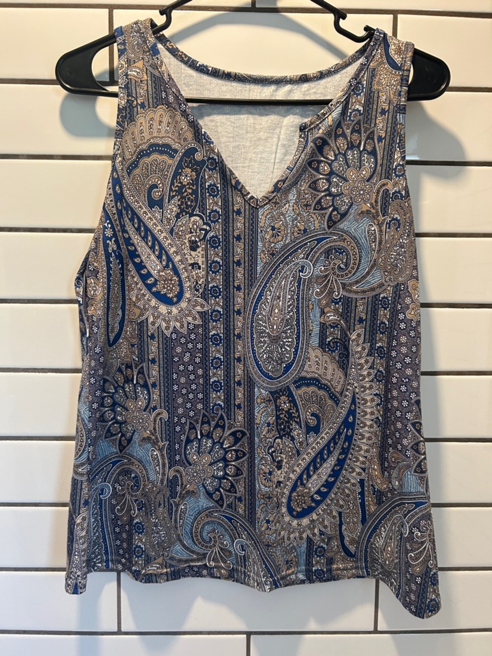 Sleeveless V-Neck Paisley Print Tank Top - Blue/Tan